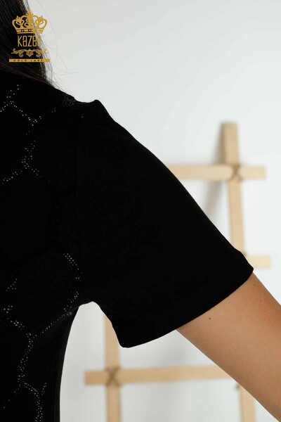 Bluză de damă cu mânecă scurtă cu model negru - 79304 | KAZEE - Thumbnail