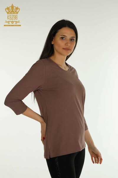 Bluză de damă cu ridicata - Brodate cu piatră - Maro - 79565 | KAZEE - Thumbnail