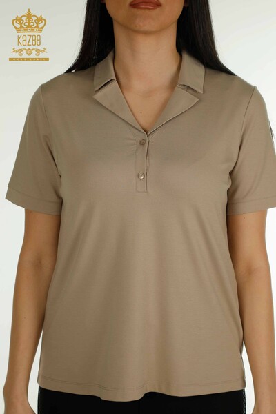 Bluză de damă cu ridicata cu gât polo Bej - 79503 | KAZEE - Thumbnail