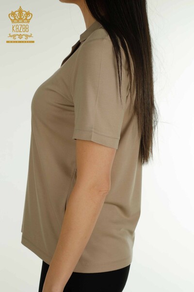 Bluză de damă cu ridicata cu gât polo Bej - 79503 | KAZEE - Thumbnail