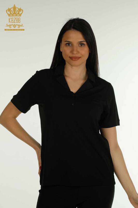 Bluză de damă cu ridicata cu gât polo negru - 79503 | KAZEE