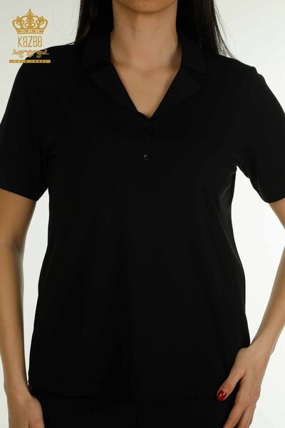 Bluză de damă cu ridicata cu gât polo negru - 79503 | KAZEE - Thumbnail