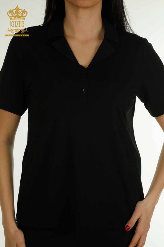 Bluză de damă cu ridicata cu gât polo negru - 79503 | KAZEE