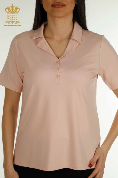 Bluză cu ridicata pentru femei, pudră cu gât polo - 79503 | KAZEE - Thumbnail