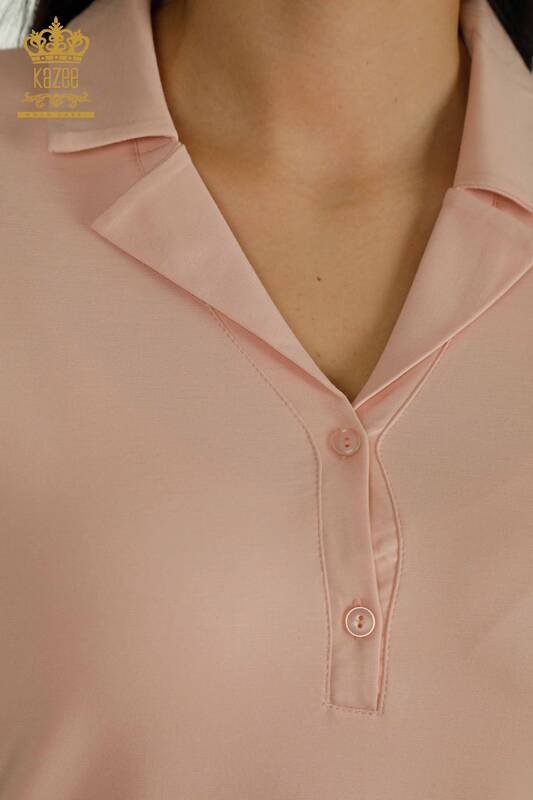 Bluză cu ridicata pentru femei, pudră cu gât polo - 79503 | KAZEE