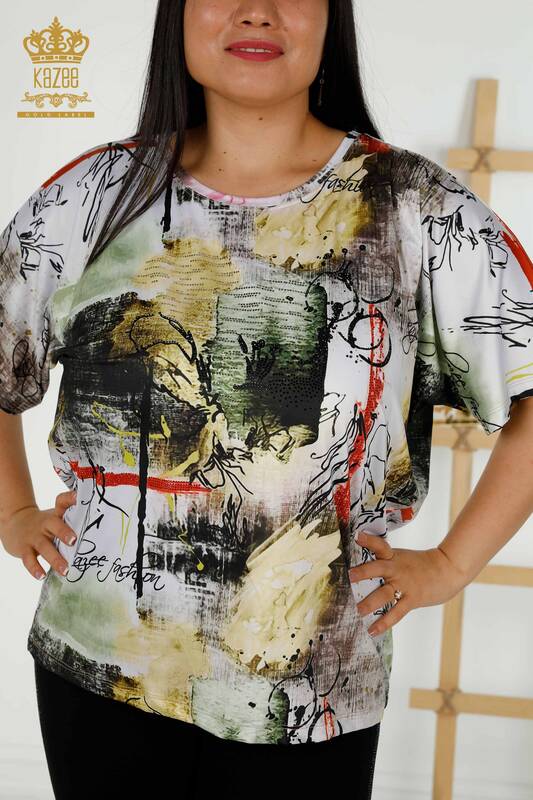 Bluză cu ridicata pentru femei cu imprimare digitală verde - 12036 | KAZEE