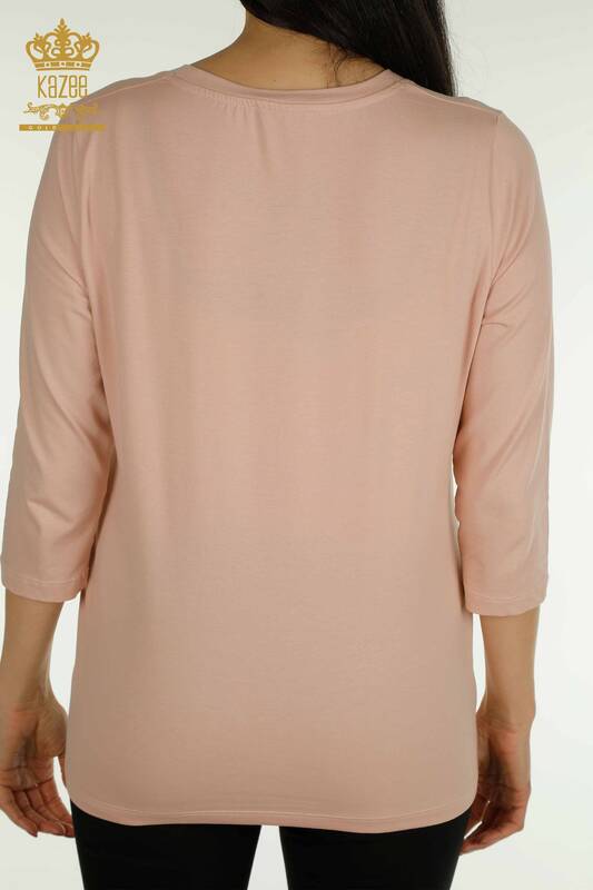 Bluză de damă cu ridicata - Brodat cu piatră - Pudra - 79565 | KAZEE