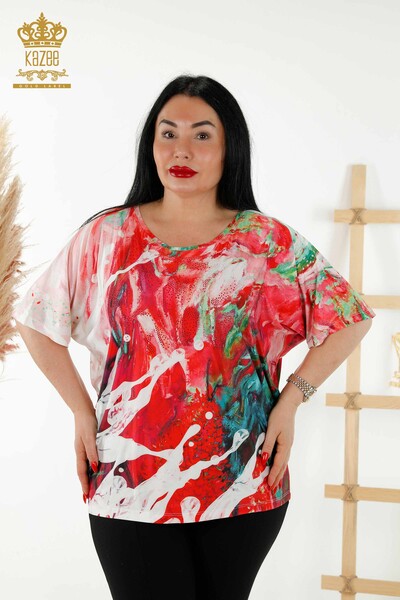 Bluză de damă cu ridicata cu roșu brodat cu piatră - 77000 | KAZEE - Thumbnail