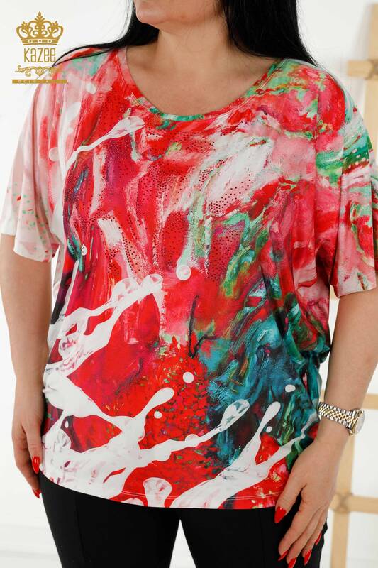 Bluză de damă cu ridicata cu roșu brodat cu piatră - 77000 | KAZEE
