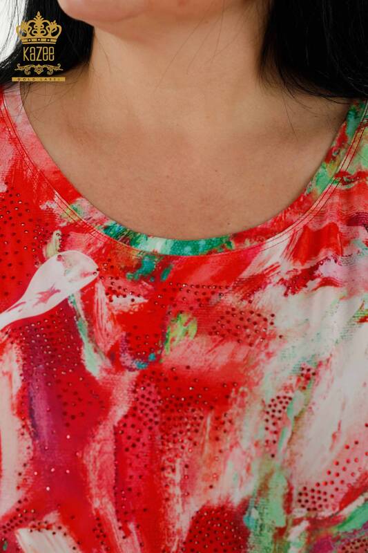 Bluză de damă cu ridicata cu roșu brodat cu piatră - 77000 | KAZEE