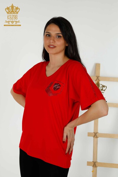 Bluză de damă cu ridicata cu roșu brodat cu piatră - 77487 | KAZEE - Thumbnail