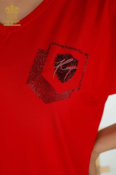 Bluză de damă cu ridicata cu roșu brodat cu piatră - 77487 | KAZEE - Thumbnail