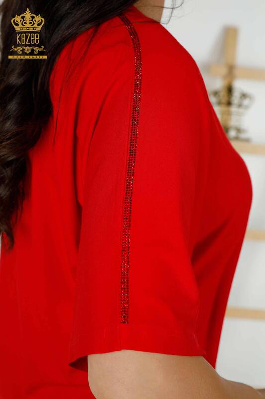 Bluză de damă cu ridicata cu roșu brodat cu piatră - 77487 | KAZEE