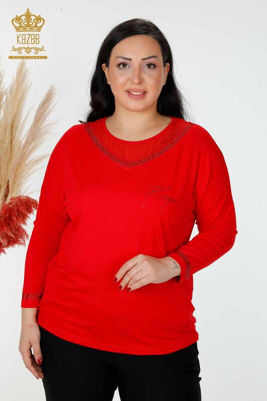Bluză de damă cu ridicata cu roșu brodat cu piatră - 77870 | KAZEE