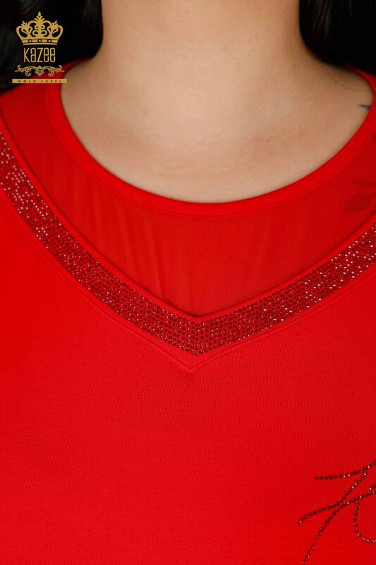 Bluză de damă cu ridicata cu roșu brodat cu piatră - 77870 | KAZEE