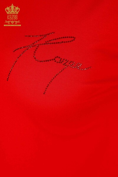 Bluză de damă cu ridicata cu roșu brodat cu piatră - 77870 | KAZEE - Thumbnail