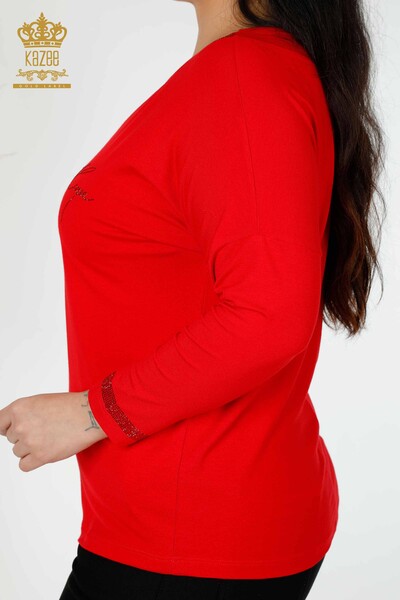 Bluză de damă cu ridicata cu roșu brodat cu piatră - 77870 | KAZEE - Thumbnail