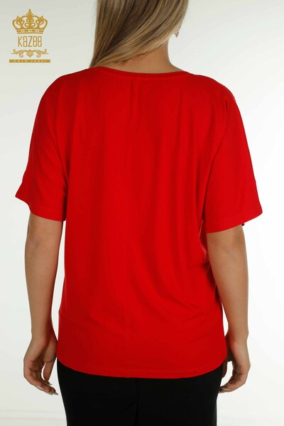 Bluză de damă cu ridicata cu roșu brodat cu piatră - 79097 | KAZEE - Thumbnail