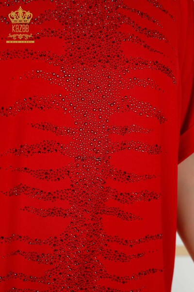 Bluză de damă cu ridicata cu roșu brodat cu piatră - 79321 | KAZEE - Thumbnail