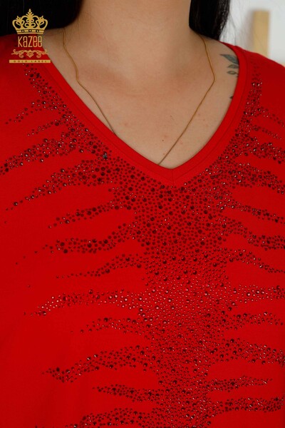 Bluză de damă cu ridicata cu roșu brodat cu piatră - 79321 | KAZEE - Thumbnail
