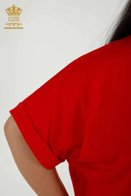 Bluză de damă cu ridicata cu roșu brodat cu piatră - 79321 | KAZEE