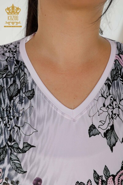 Bluză de damă cu ridicata cu piatră brodata roz - 12026 | KAZEE - Thumbnail
