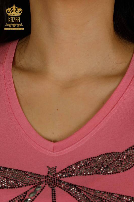 Bluză de damă cu ridicata cu piatră brodata roz - 79362 | KAZEE