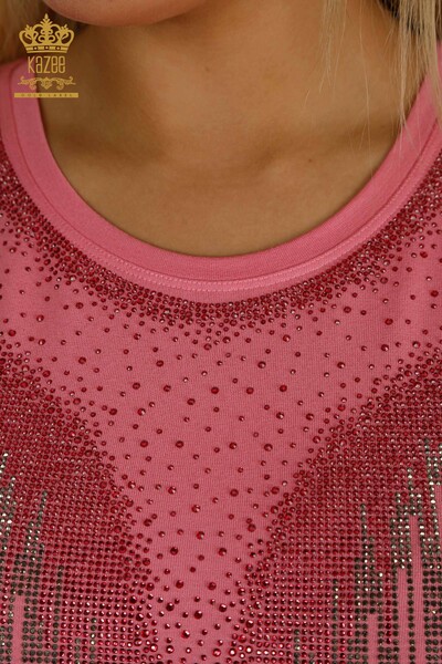 Bluză de damă cu ridicata - Brodat cu piatră - Roz - 79348 | KAZEE - Thumbnail