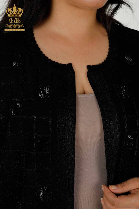 Cardigan de damă cu ridicata cu piatră brodat negru - 30057 | KAZEE