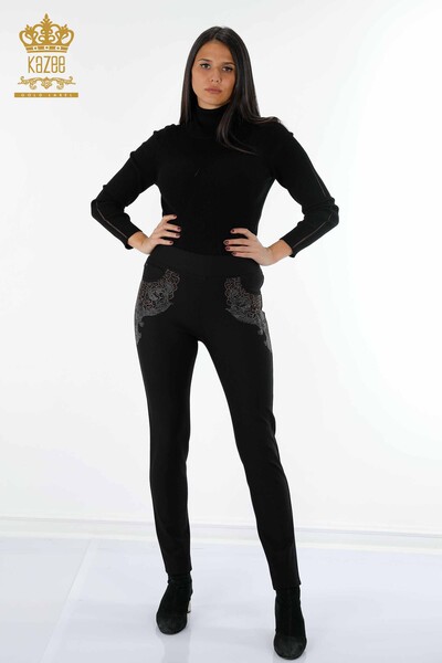 Kazee - Pantaloni en-gros de damă cu jambiere cu broderie de piatră colorată cu model pe laterale - 3610 | KAZEE