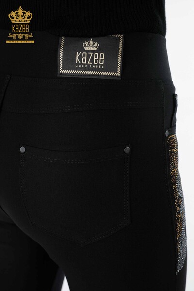 Pantaloni en-gros de damă cu jambiere cu broderie de piatră colorată cu model pe laterale - 3610 | KAZEE - Thumbnail