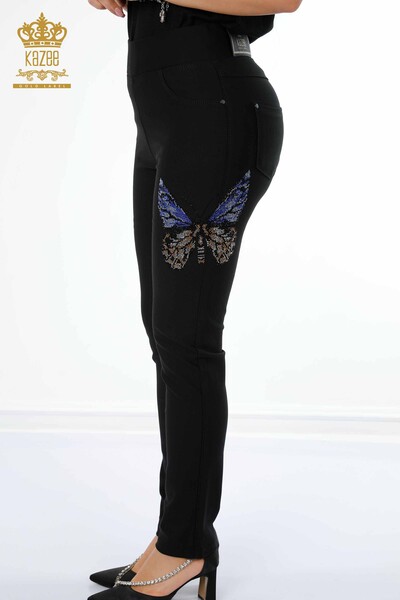 Pantaloni de damă cu ridicata cu model Fluture Negru - 3582 | KAZEE - Thumbnail