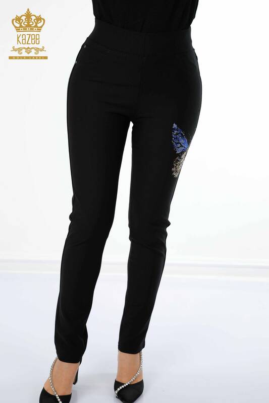 Pantaloni de damă cu ridicata cu model Fluture Negru - 3582 | KAZEE
