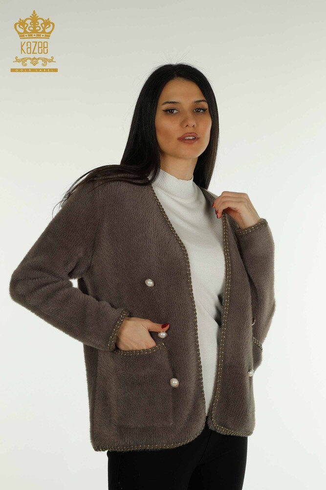 Cardigan cu ridicata Angora pentru femei - Buzunar Detaliat - Kaki - 30799 | KAZEE - 1