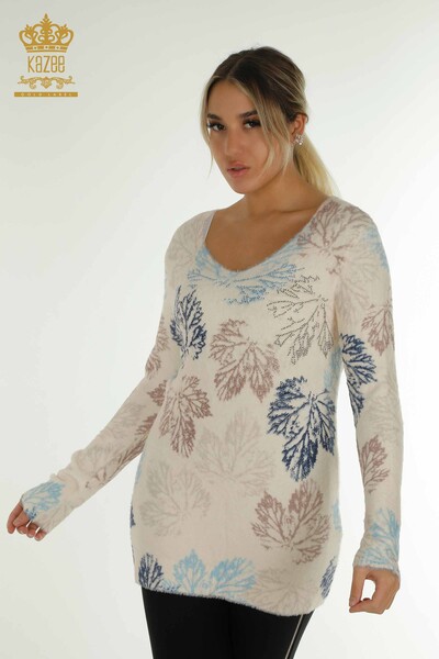 Pulover de tricotaj Angora pentru femei cu ridicata - Imprimat cu frunze - Digital - 40015 | KAZEE - Thumbnail