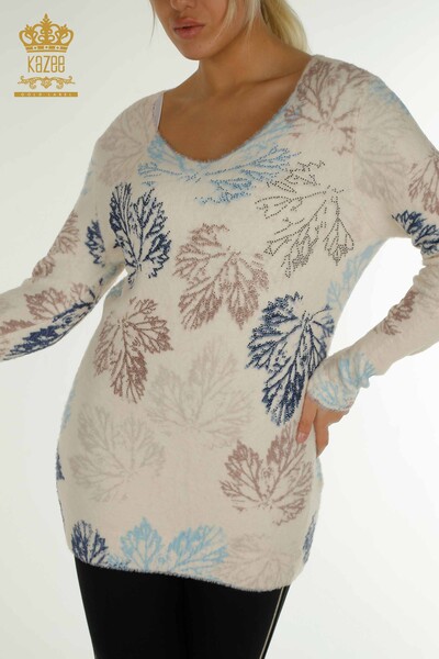 Pulover de tricotaj Angora pentru femei cu ridicata - Imprimat cu frunze - Digital - 40015 | KAZEE - Thumbnail