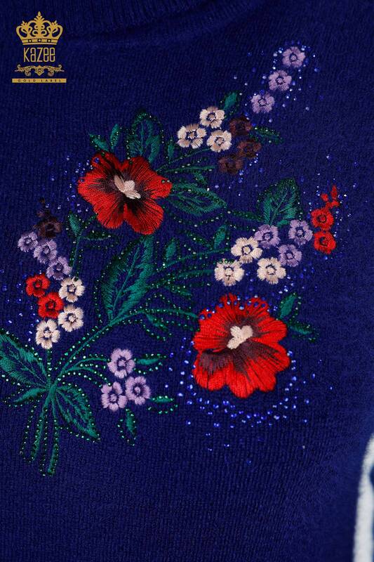 Comerț cu ridicata Tunica de angora pentru femei cu buzunare, detaliu de flori și mâneci brodate - 18870 | KAZEE