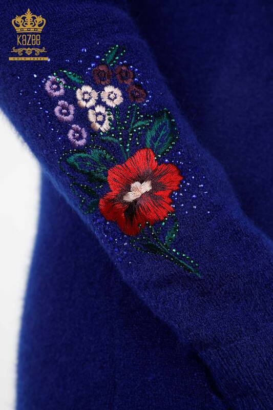 Comerț cu ridicata Tunica de angora pentru femei cu buzunare, detaliu de flori și mâneci brodate - 18870 | KAZEE