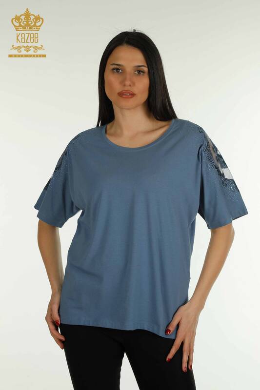 Bluză de damă cu ridicata cu umăr din tul cu detalii Indigo - 79553 | KAZEE
