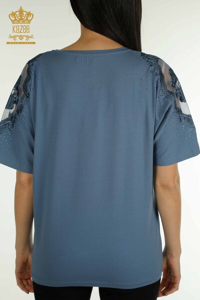 Bluză de damă cu ridicata cu umăr din tul cu detalii Indigo - 79553 | KAZEE - Thumbnail