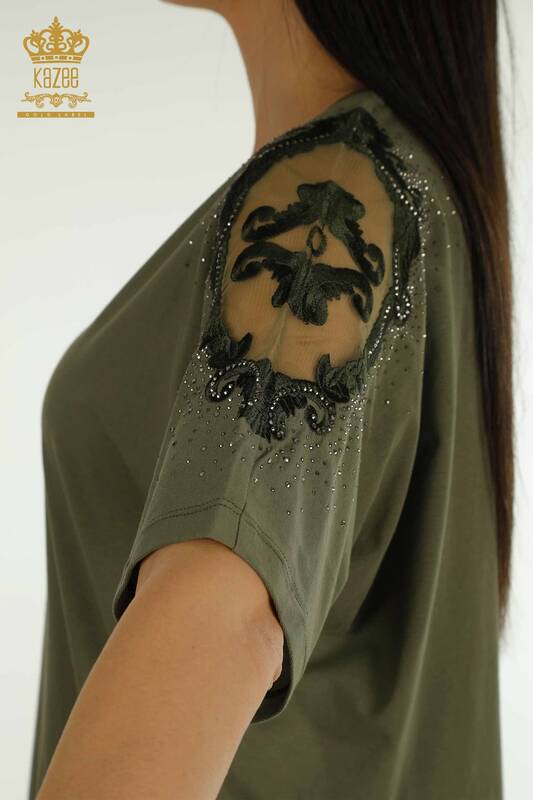 Bluză de damă cu ridicata cu umăr din tul Kaki - 79553 | KAZEE