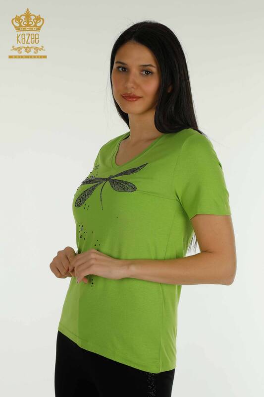 Bluză de damă cu ridicata verde fistic brodat cu piatră - 79362 | KAZEE