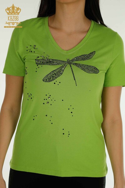 Bluză de damă cu ridicata verde fistic brodat cu piatră - 79362 | KAZEE - Thumbnail