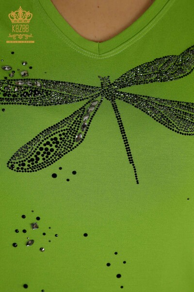 Bluză de damă cu ridicata verde fistic brodat cu piatră - 79362 | KAZEE - Thumbnail