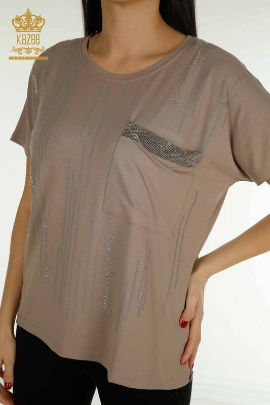 Bluză de damă cu ridicata buzunar nurcă detaliată - 79140 | KAZEE