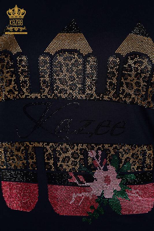 Bluză de damă cu ridicata cu piatră colorată brodat bleumarin - 77942 | KAZEE