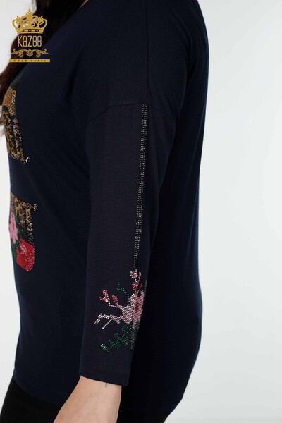 Bluză de damă cu ridicata cu piatră colorată brodat bleumarin - 77942 | KAZEE - Thumbnail