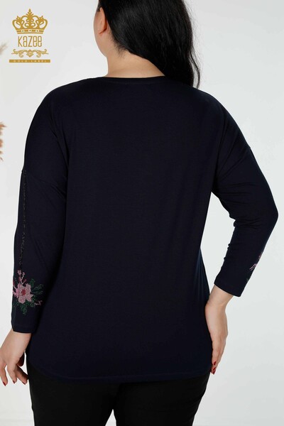 Bluză de damă cu ridicata cu piatră colorată brodat bleumarin - 77942 | KAZEE - Thumbnail