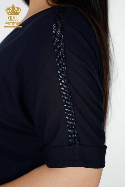 Bluză de damă en-gros cu piatră colorată brodat bleumarin - 78913 | KAZEE - Thumbnail