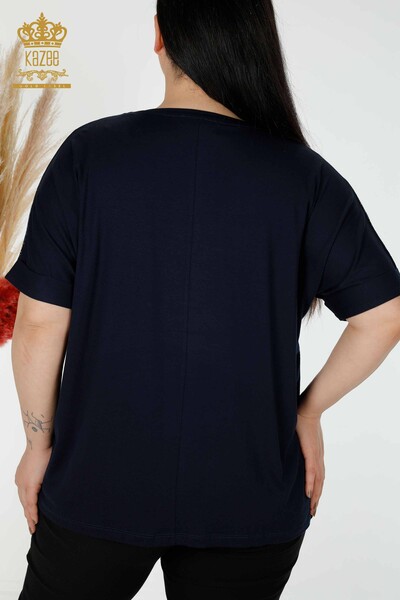 Bluză de damă en-gros cu piatră colorată brodat bleumarin - 78913 | KAZEE - Thumbnail